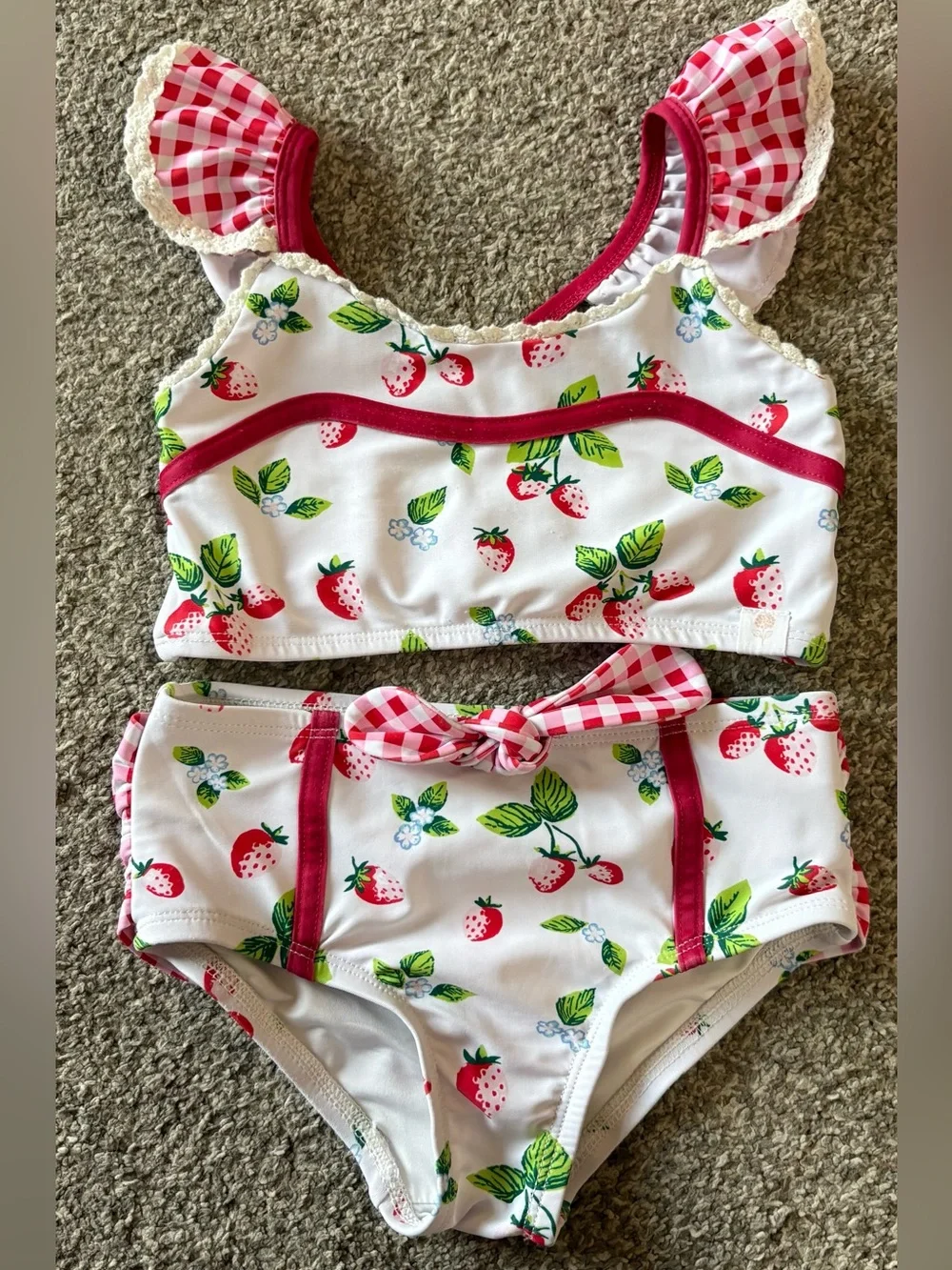 SweetHoney White Strawberry Print Bikini with Pink Gingham Bow